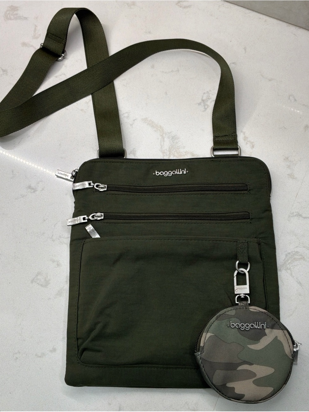 Baggallini Triple Zip Machine Washable Olive Green Crossbody Bag With Coin Purse